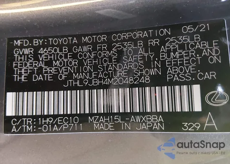 2021 Lexus Ux 250H Luxury z USA, uszkodzony, nr VIN JTHL9JBH4M2048248